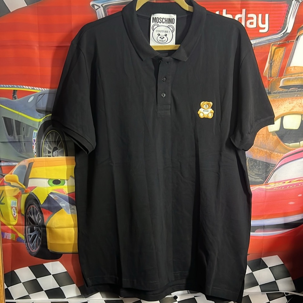NEW Moschino Couture Embroidered Toy Bear Logo Polo  US Large IT 50 Black